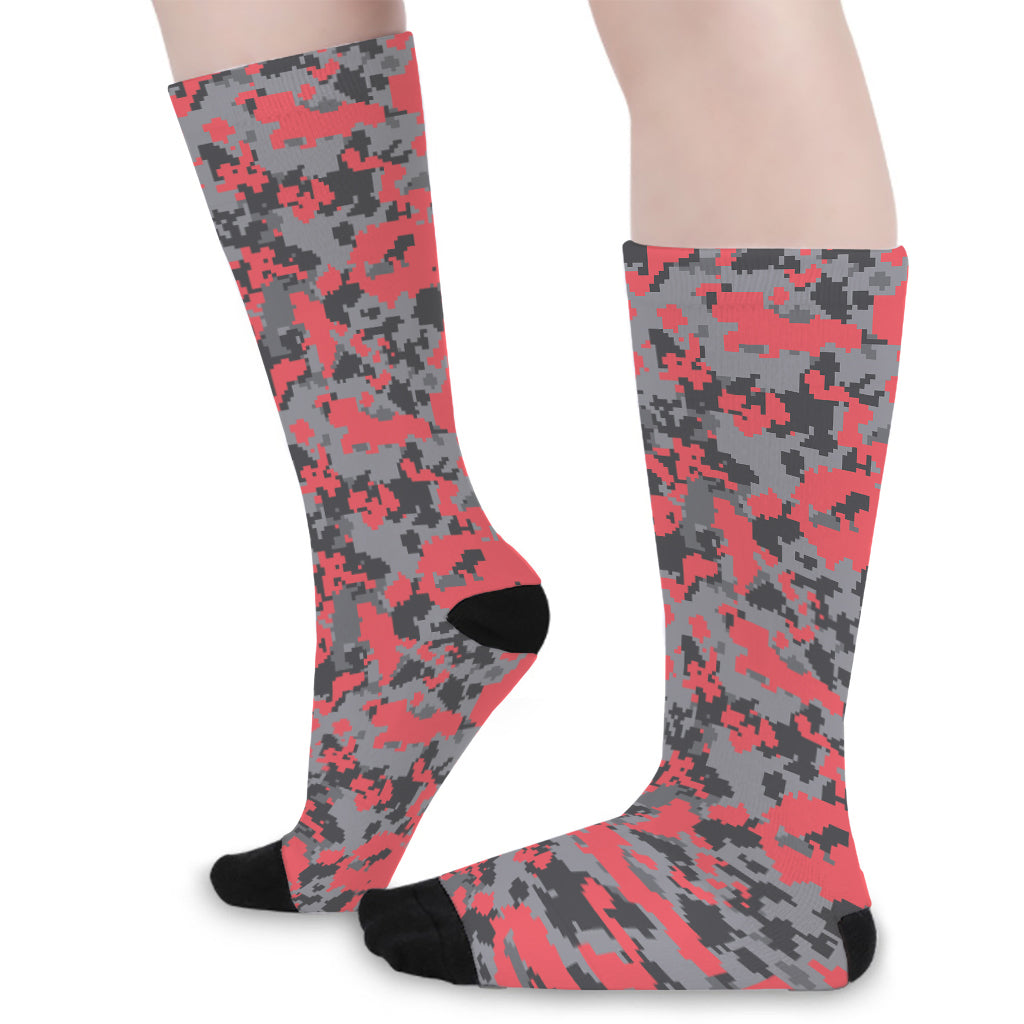 Red And Grey Digital Camo Pattern Print Long Socks