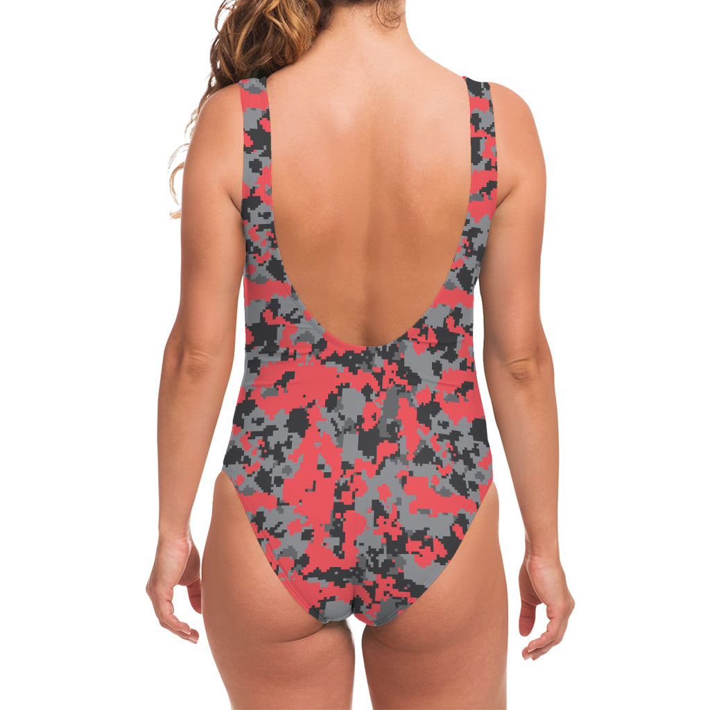 Red And Grey Digital Camo Pattern Print One Piece Swimsuit