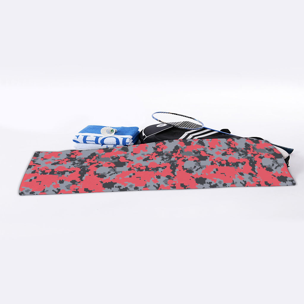 Red And Grey Digital Camo Pattern Print Sports Towel