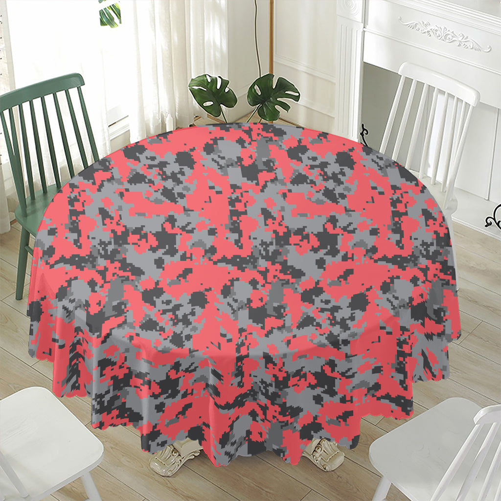 Red And Grey Digital Camo Pattern Print Waterproof Round Tablecloth