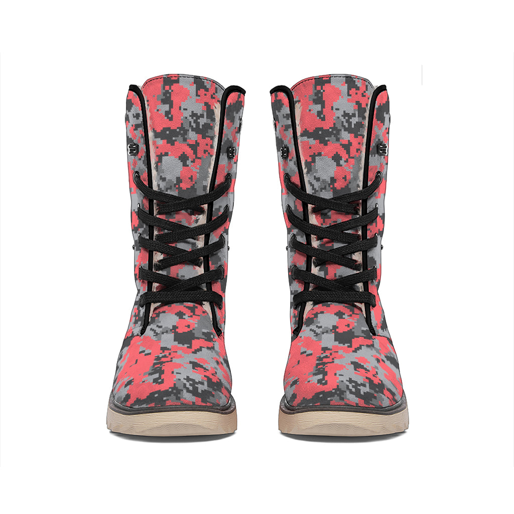 Red And Grey Digital Camo Pattern Print Winter Boots