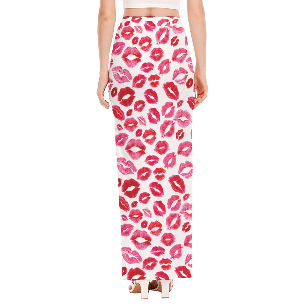 Red And Pink Lips Pattern Print High Slit Maxi Skirt