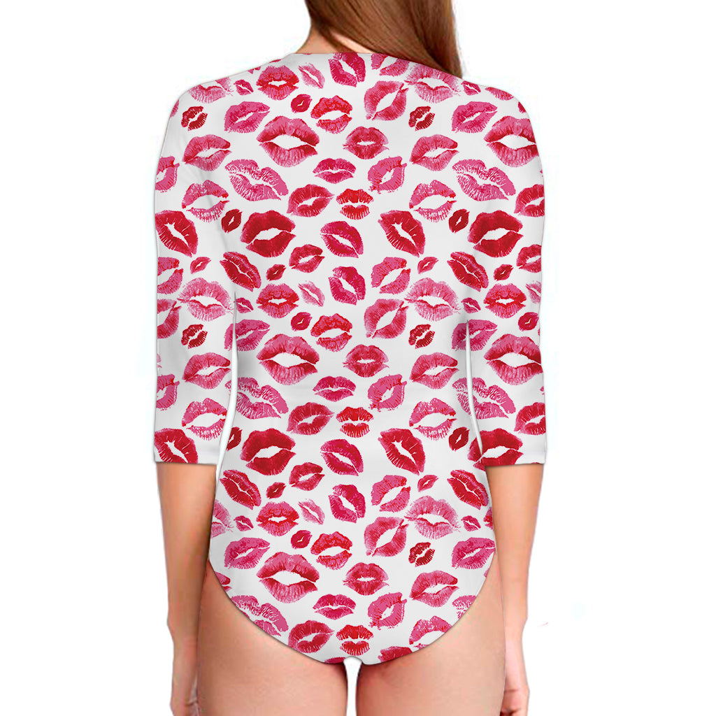 Red And Pink Lips Pattern Print Long Sleeve Swimsuit