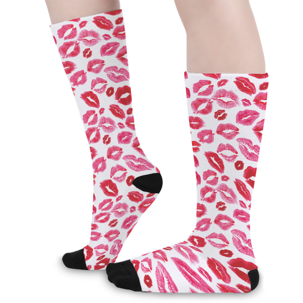 Red And Pink Lips Pattern Print Long Socks