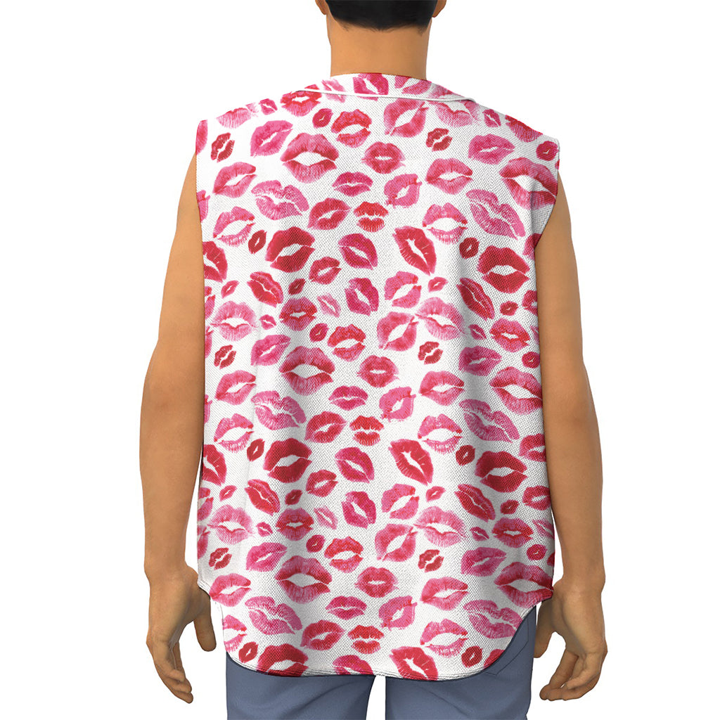 Red And Pink Lips Pattern Print Sleeveless Baseball Jersey