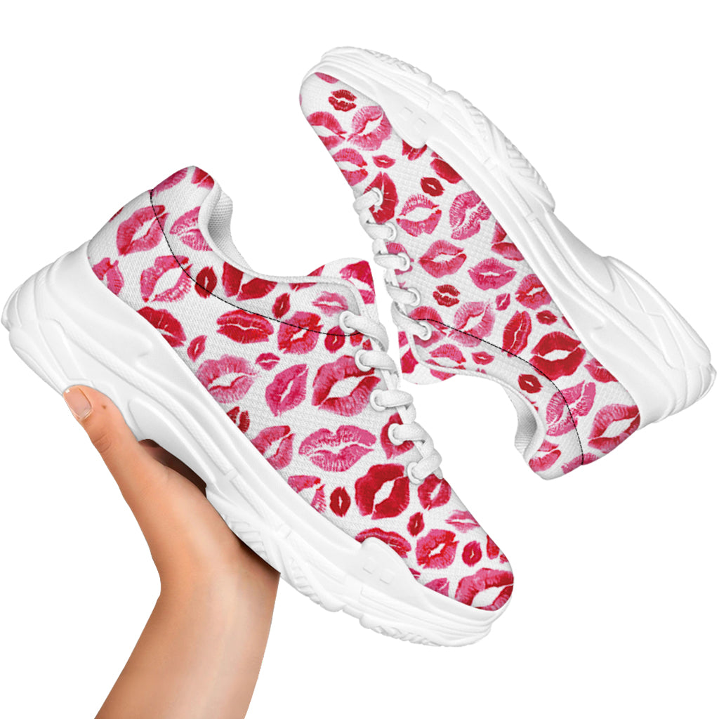 Red And Pink Lips Pattern Print White Chunky Shoes
