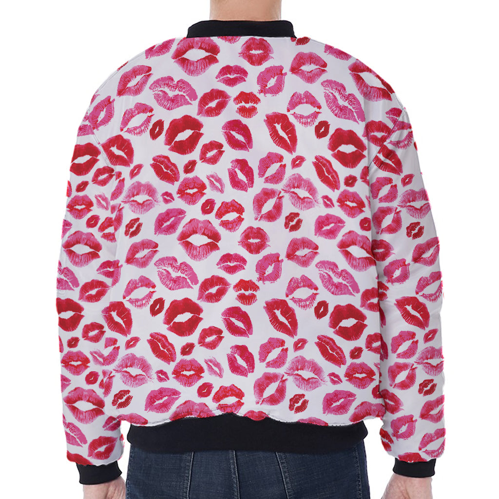 Red And Pink Lips Pattern Print Zip Sleeve Bomber Jacket
