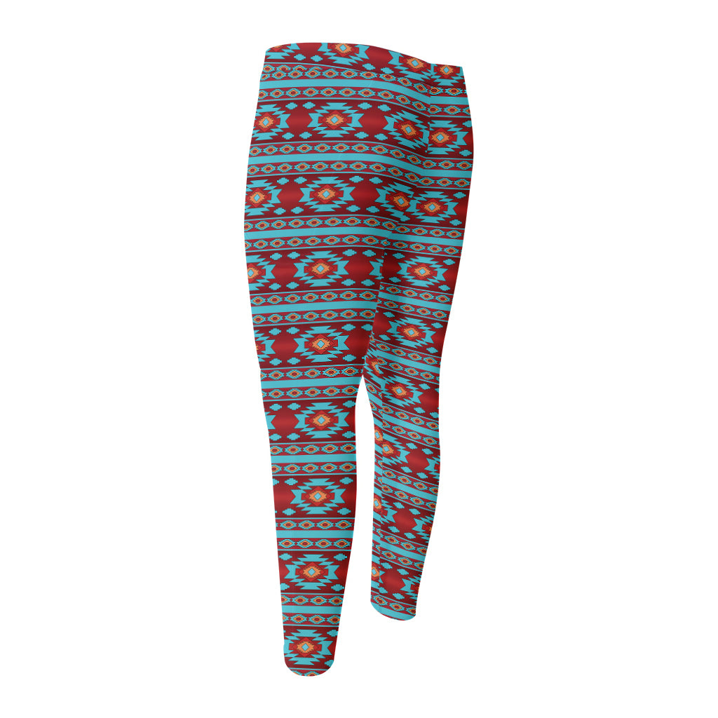 Red And Teal Southwestern Pattern Print Men's Compression Pants