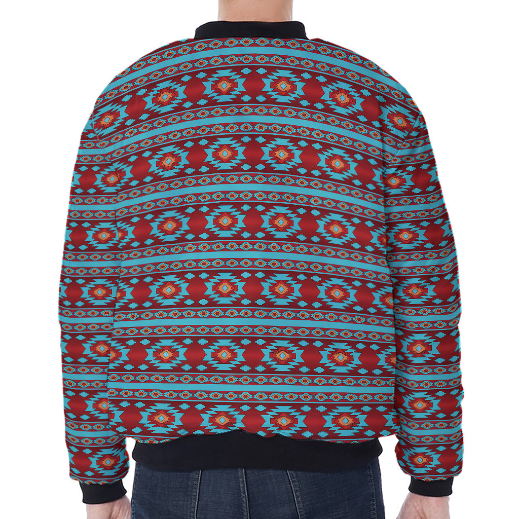Red And Teal Southwestern Pattern Print Zip Sleeve Bomber Jacket