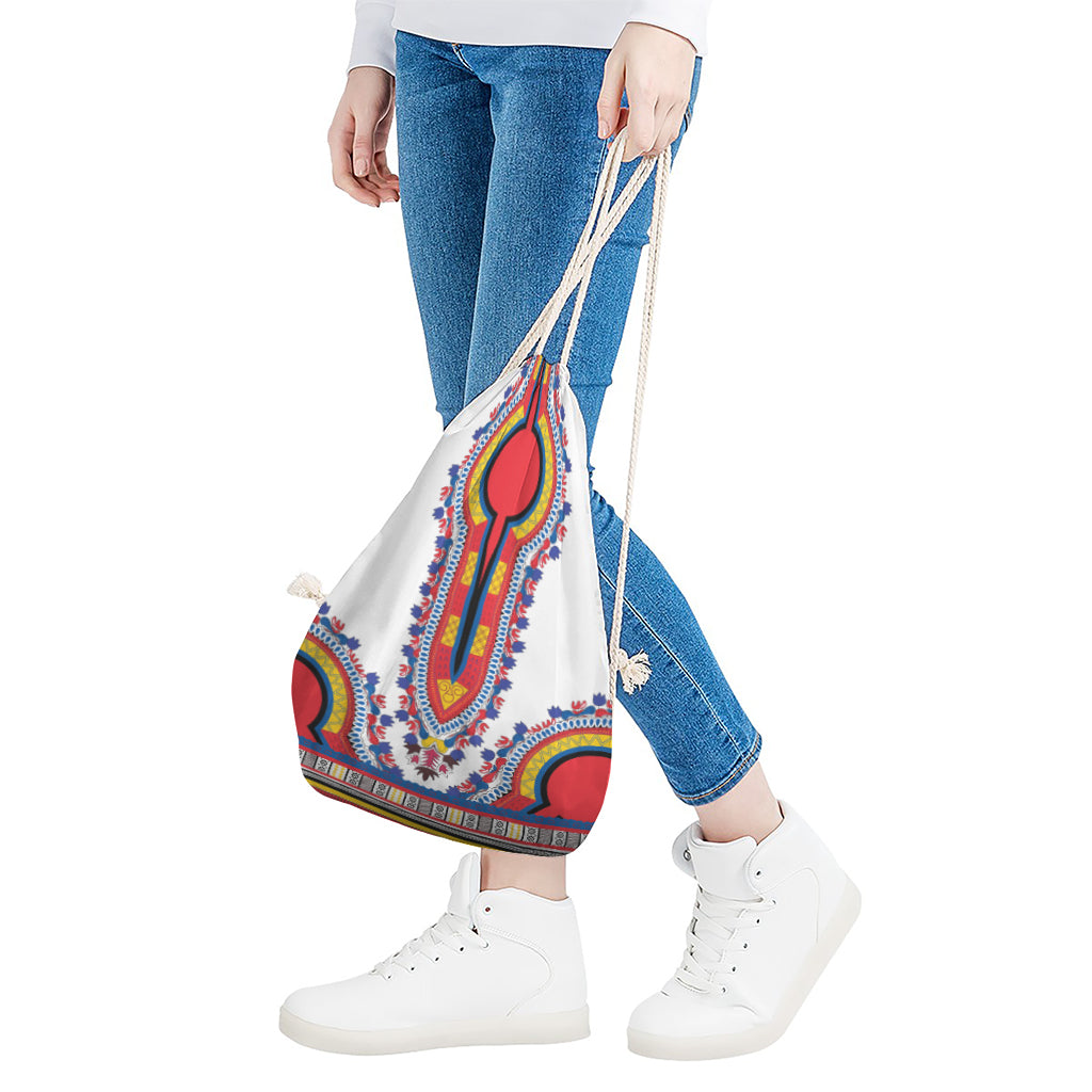 Red And White African Dashiki Print Drawstring Bag