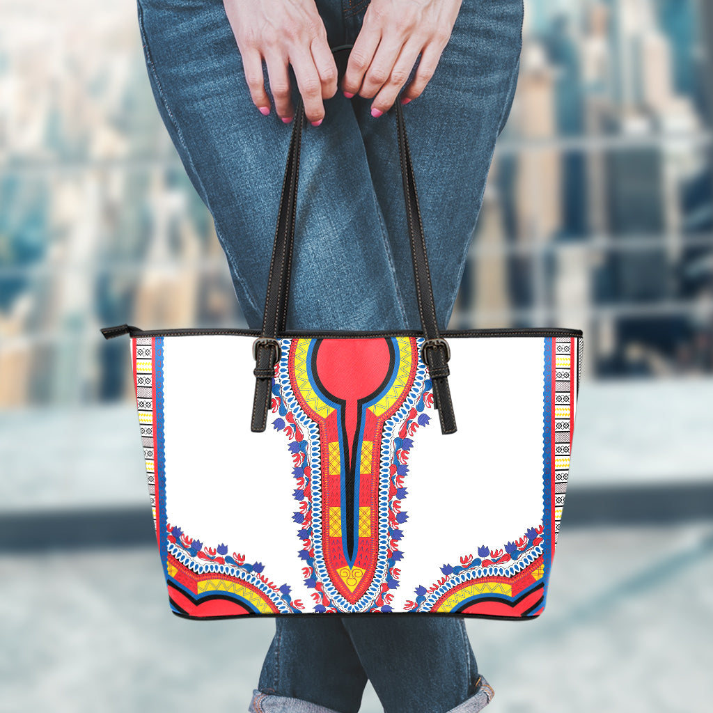 Red And White African Dashiki Print Leather Tote Bag