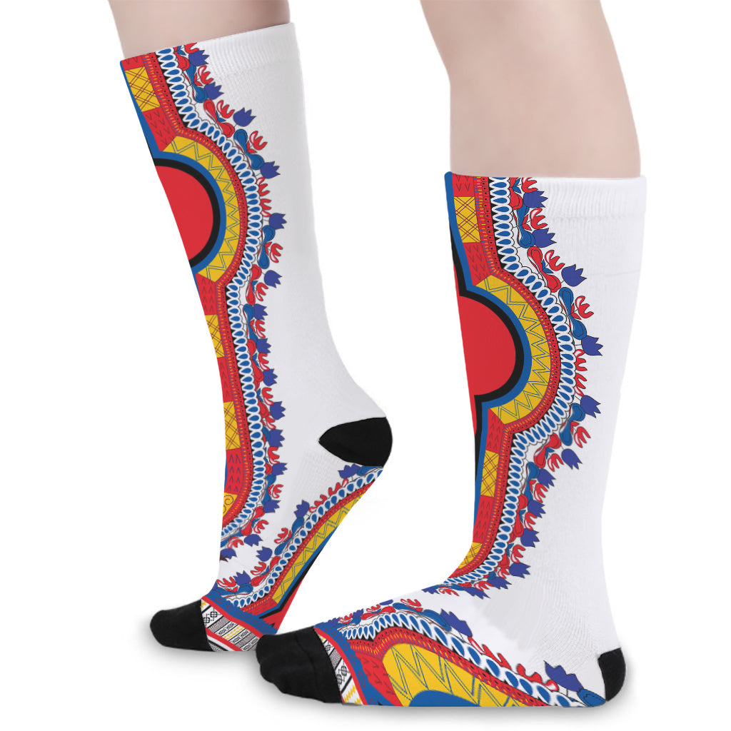 Red And White African Dashiki Print Long Socks