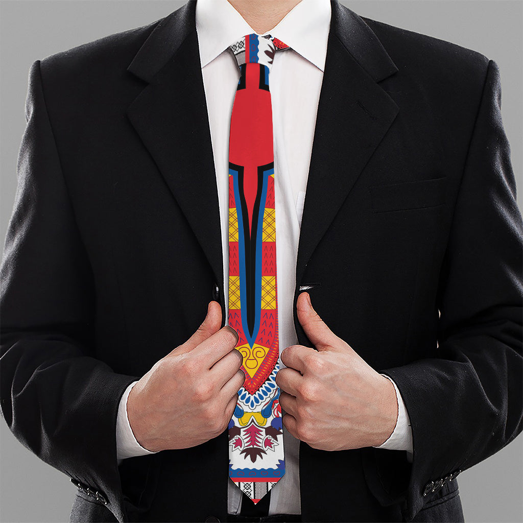 Red And White African Dashiki Print Necktie