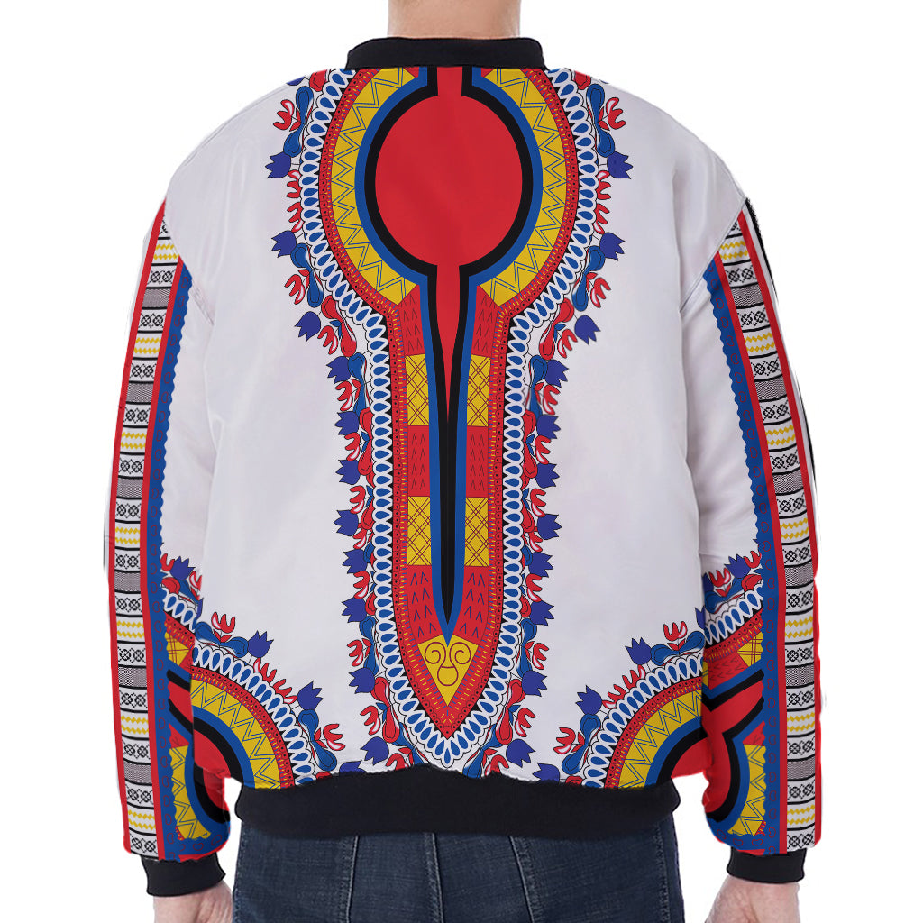 Red And White African Dashiki Print Zip Sleeve Bomber Jacket