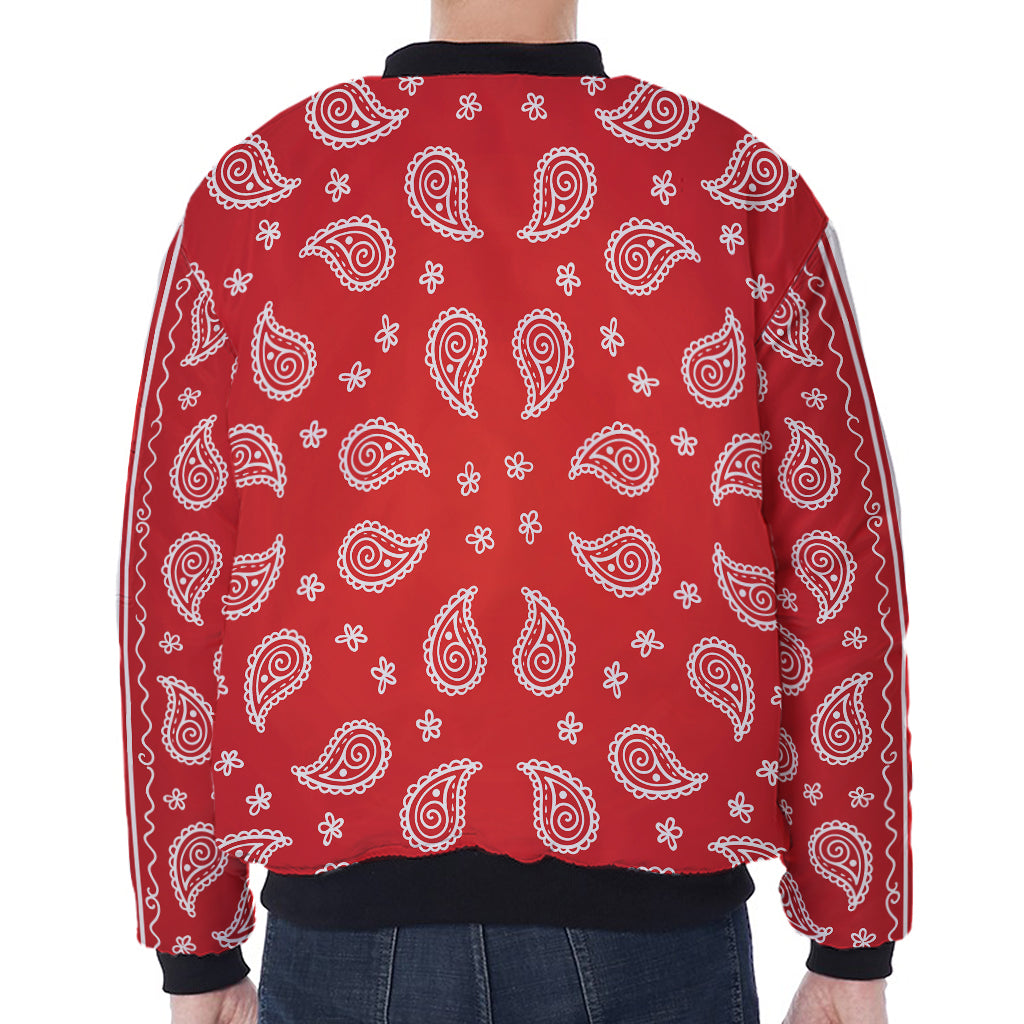 Red And White Bandana Print Zip Sleeve Bomber Jacket