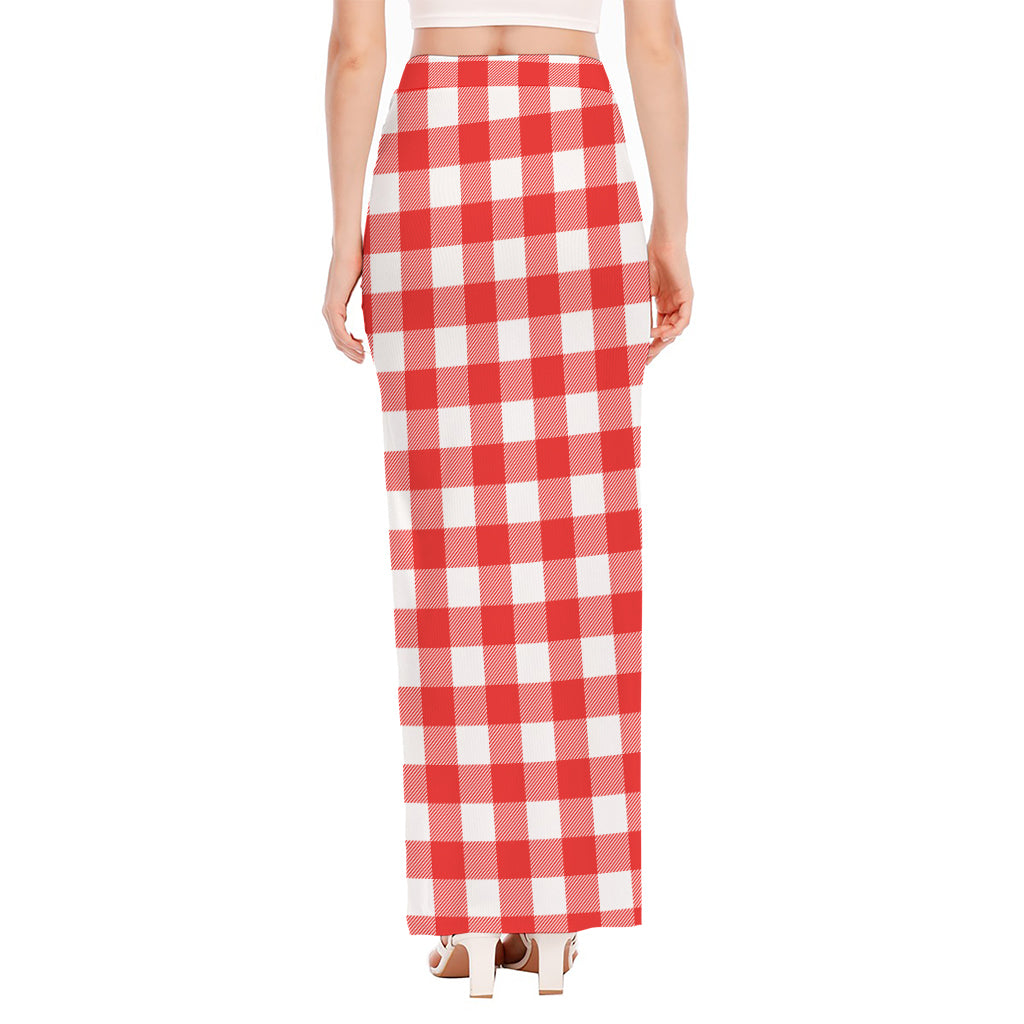 Red And White Buffalo Check Print High Slit Maxi Skirt