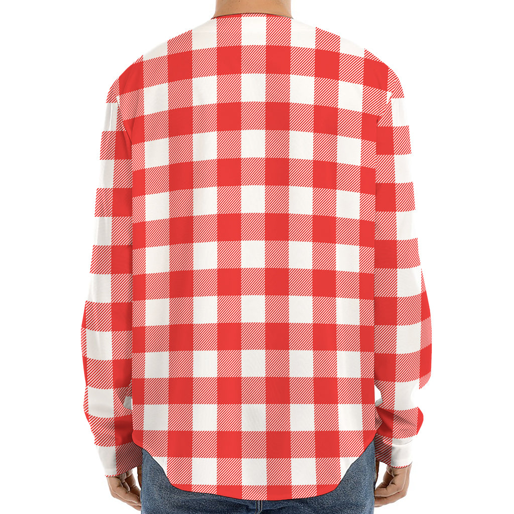 Red And White Buffalo Check Print Long Sleeve Baseball Jersey