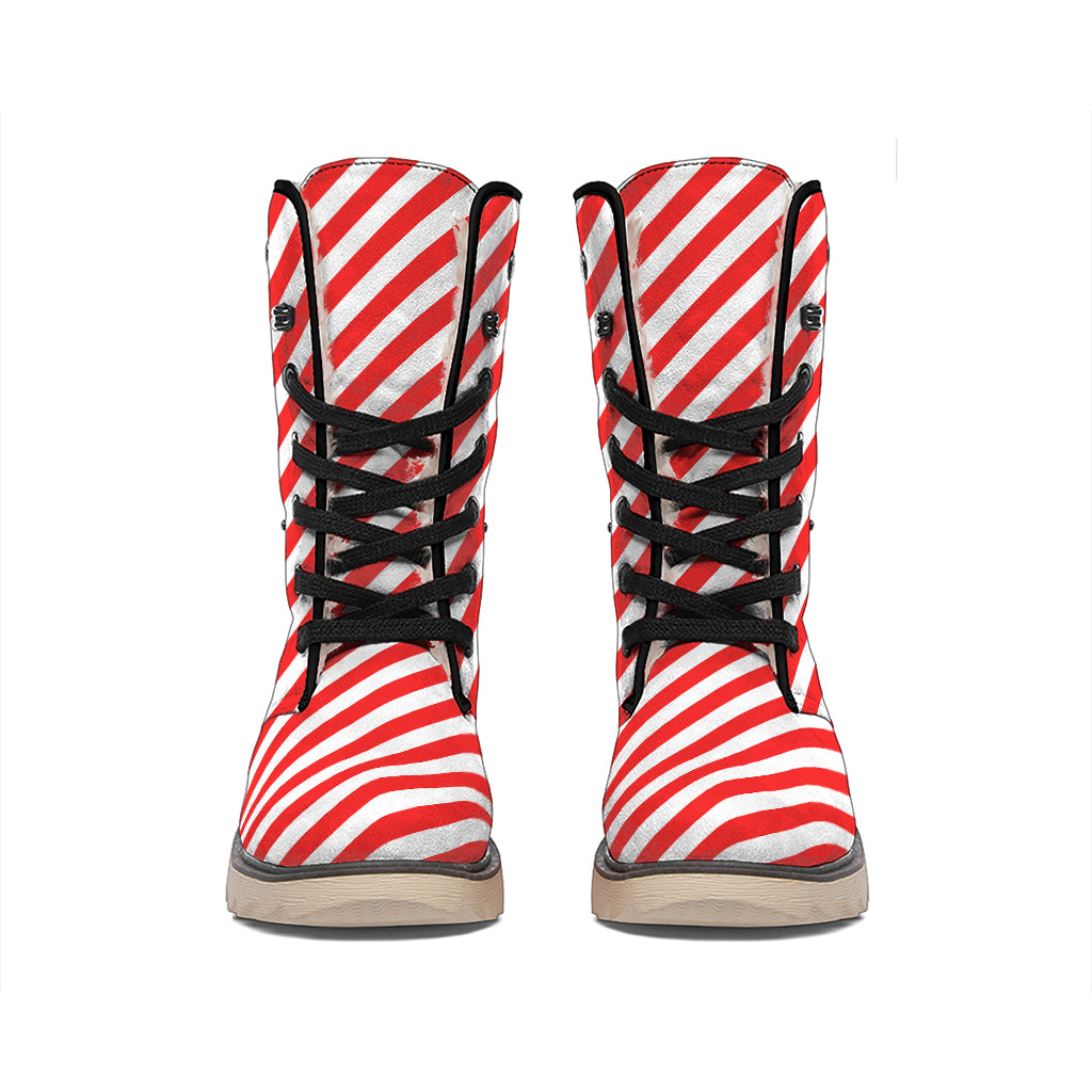 Red And White Candy Cane Striped Print Winter Boots