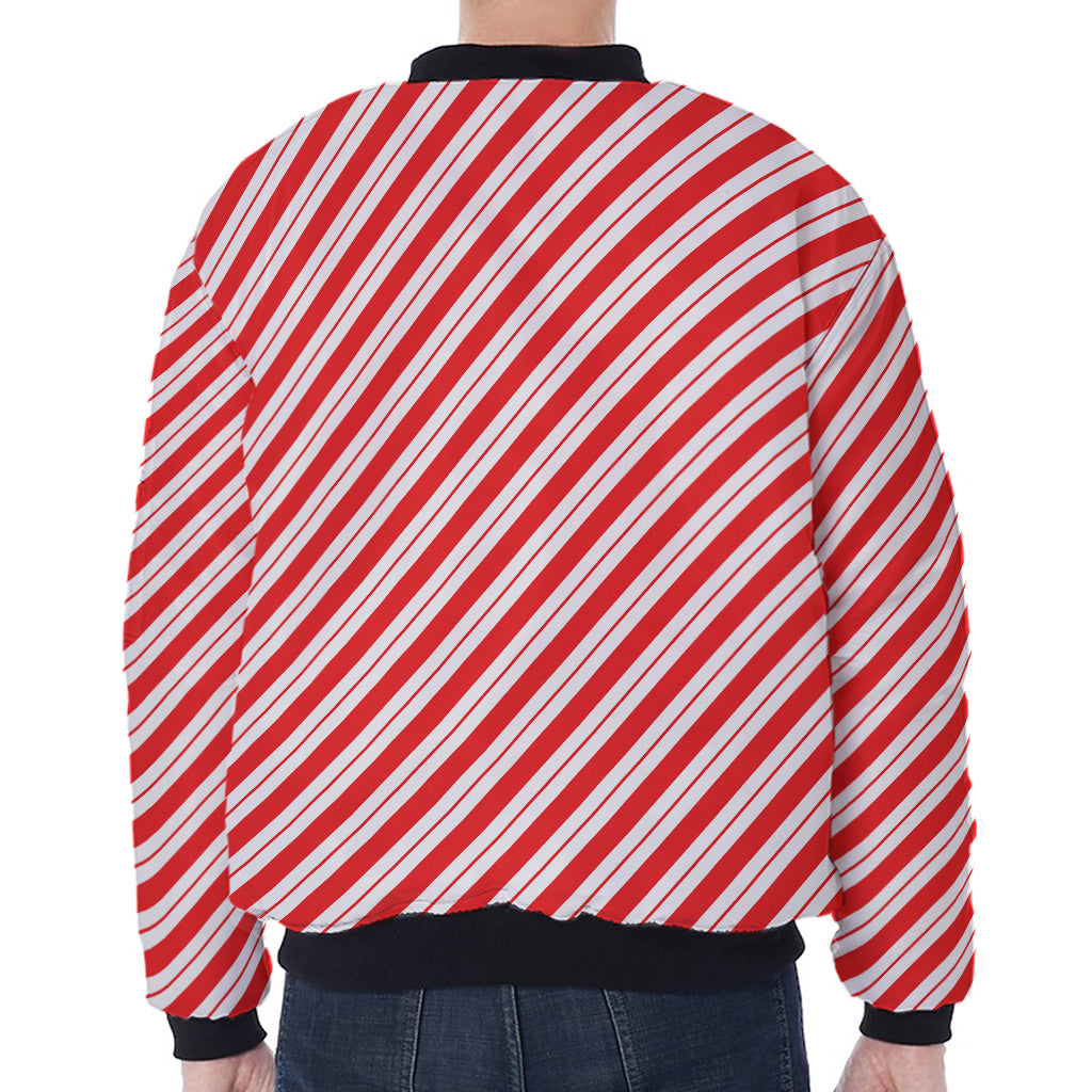 Red And White Candy Cane Stripes Print Zip Sleeve Bomber Jacket