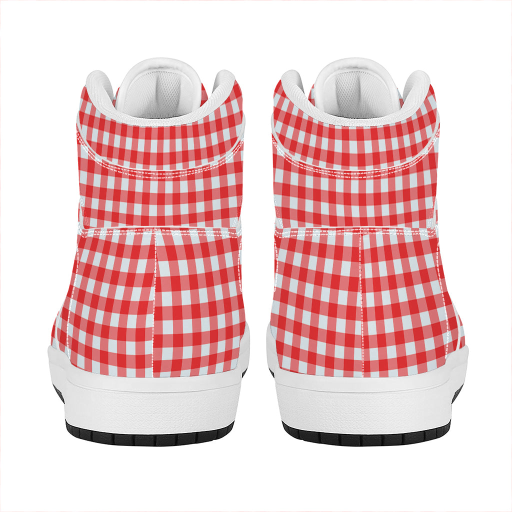 Red And White Check Pattern Print High Top Leather Sneakers