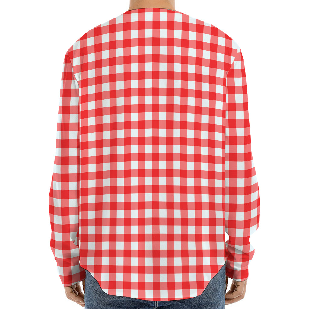 Red And White Check Pattern Print Long Sleeve Baseball Jersey