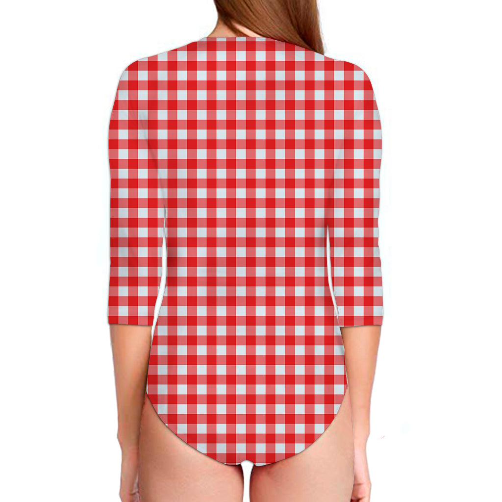 Red And White Check Pattern Print Long Sleeve Swimsuit