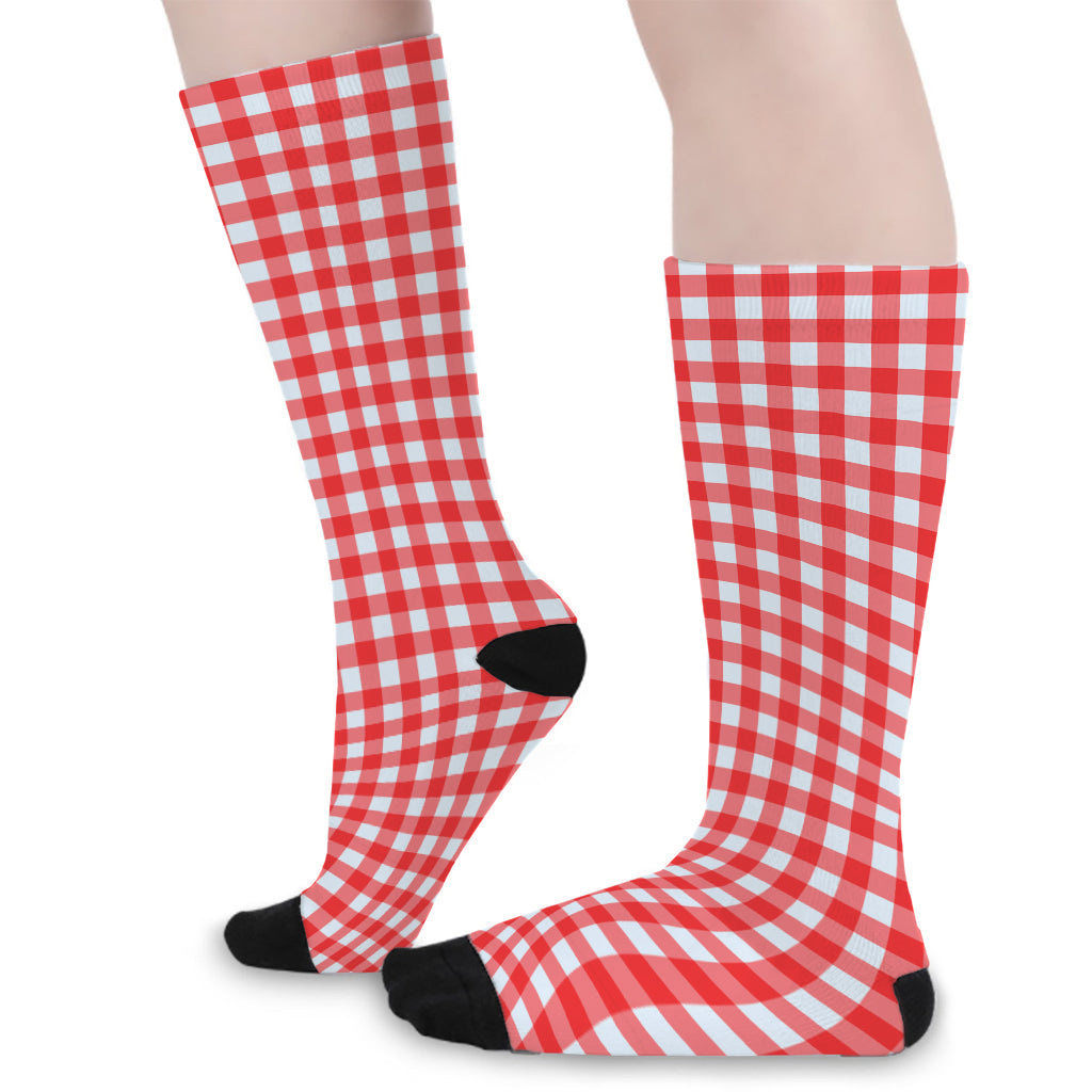 Red And White Check Pattern Print Long Socks