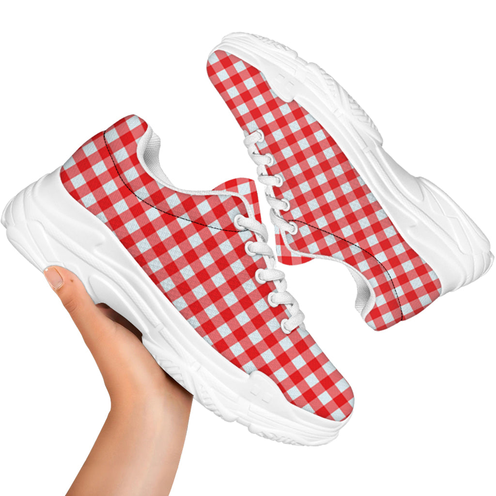 Red And White Check Pattern Print White Chunky Shoes