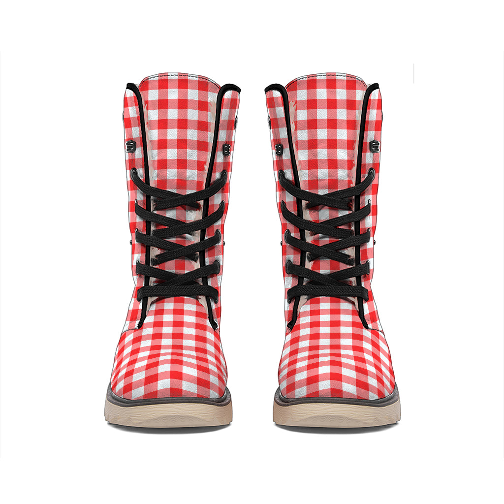 Red And White Check Pattern Print Winter Boots