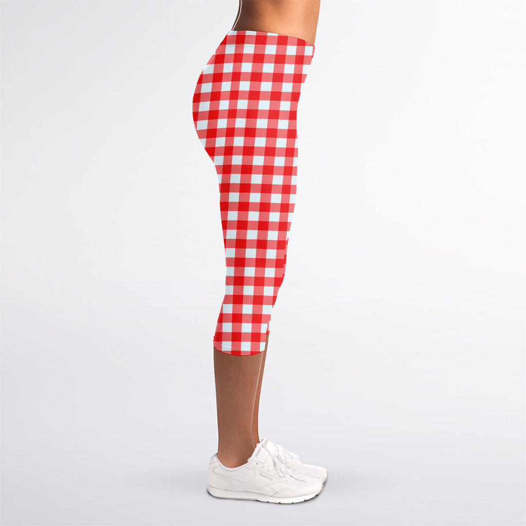 Red And White Check Pattern Print Women's Capri Leggings