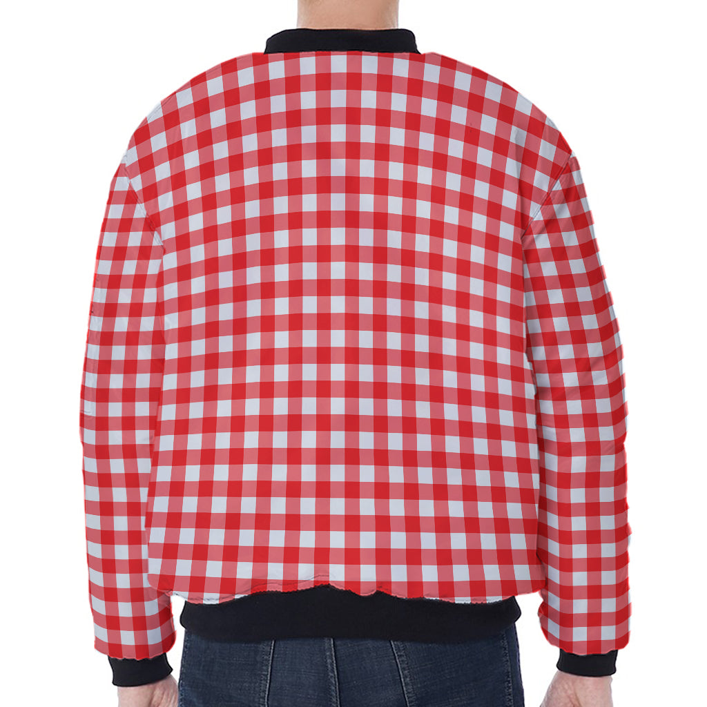 Red And White Check Pattern Print Zip Sleeve Bomber Jacket