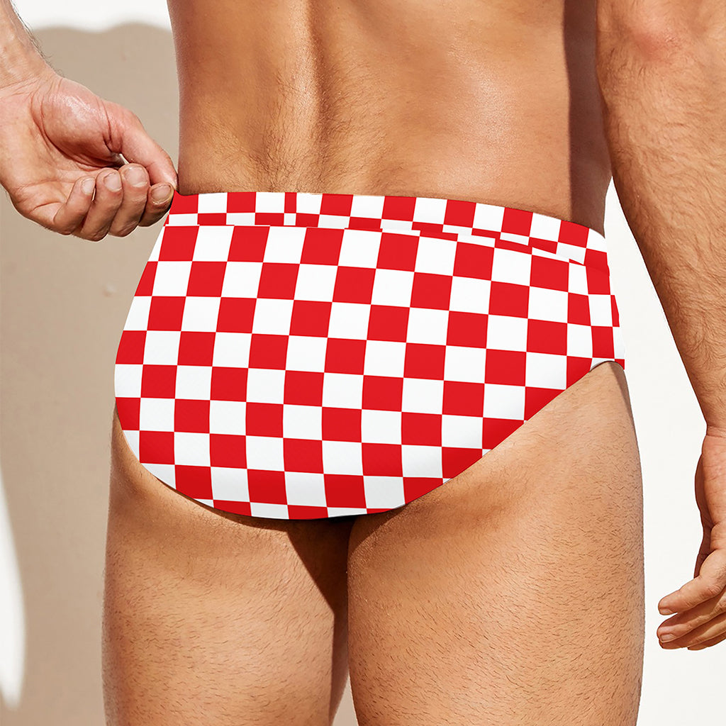 Red And White Checkered Pattern Print Men's Swim Briefs