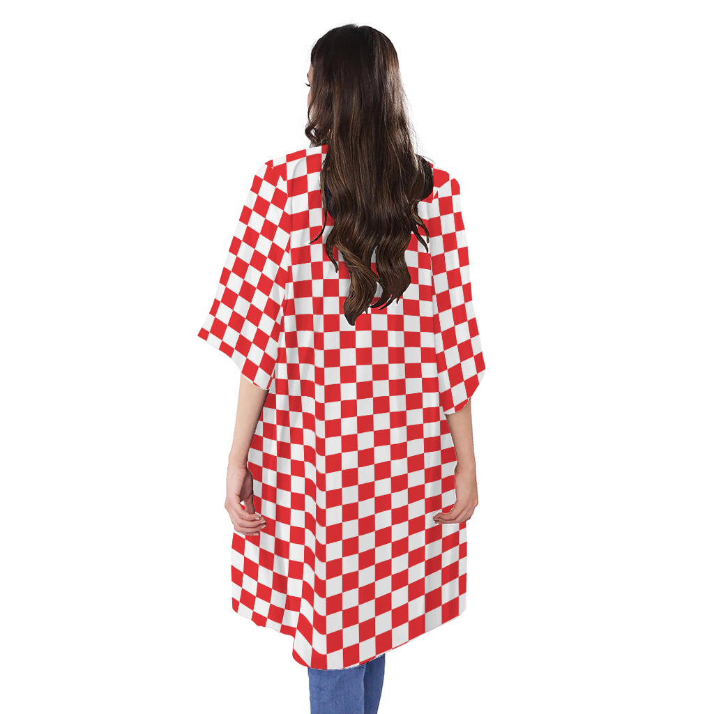 Red And White Checkered Pattern Print Open Front Beach Cover Up