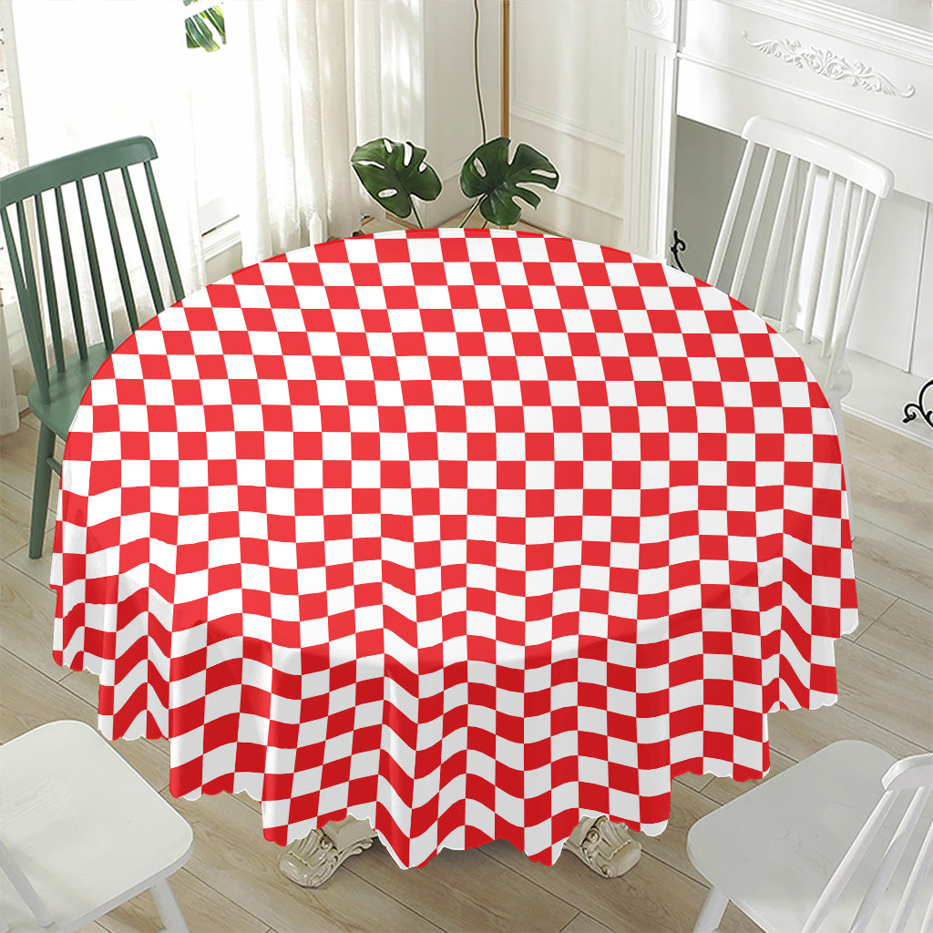 Red And White Checkered Pattern Print Waterproof Round Tablecloth
