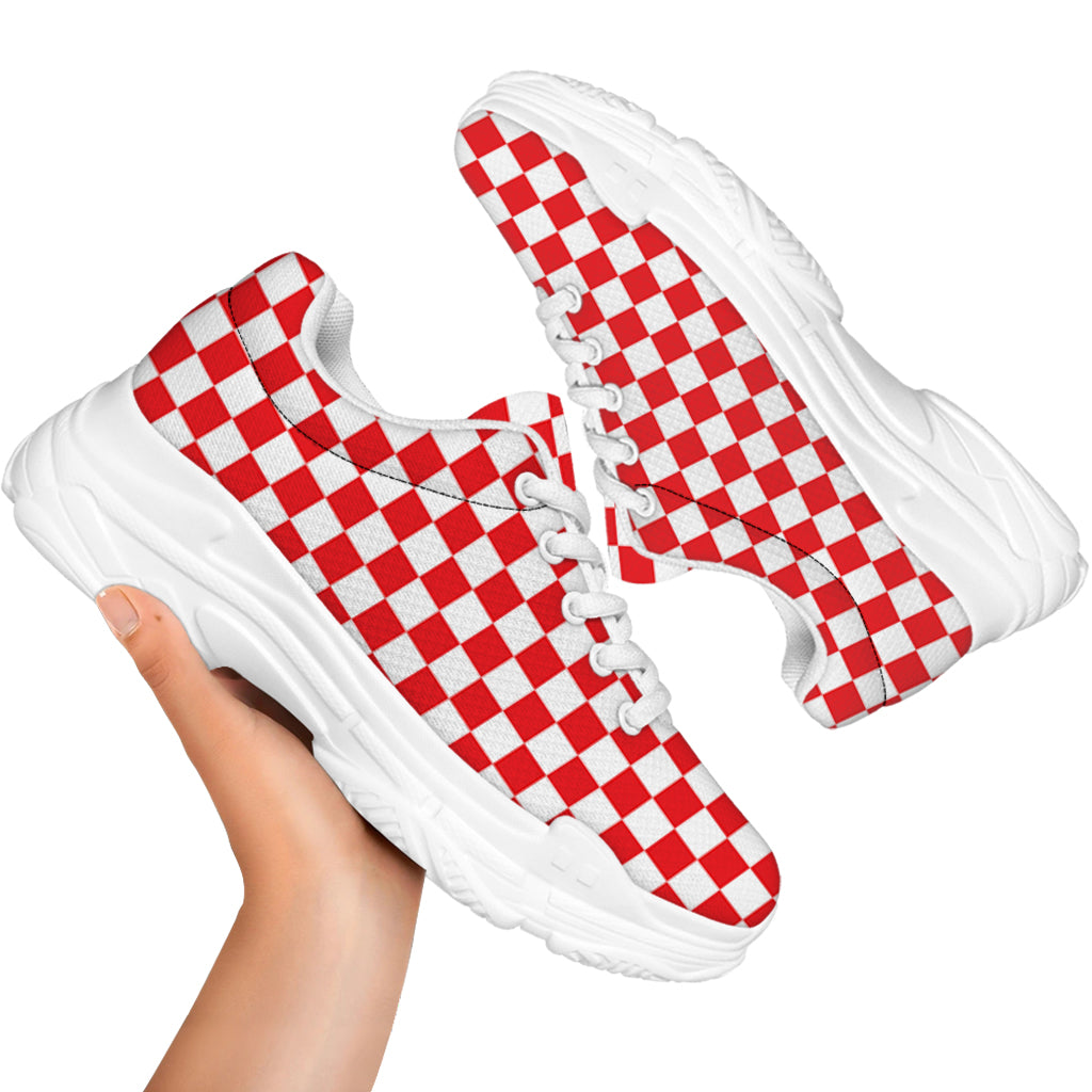 Red And White Checkered Pattern Print White Chunky Shoes