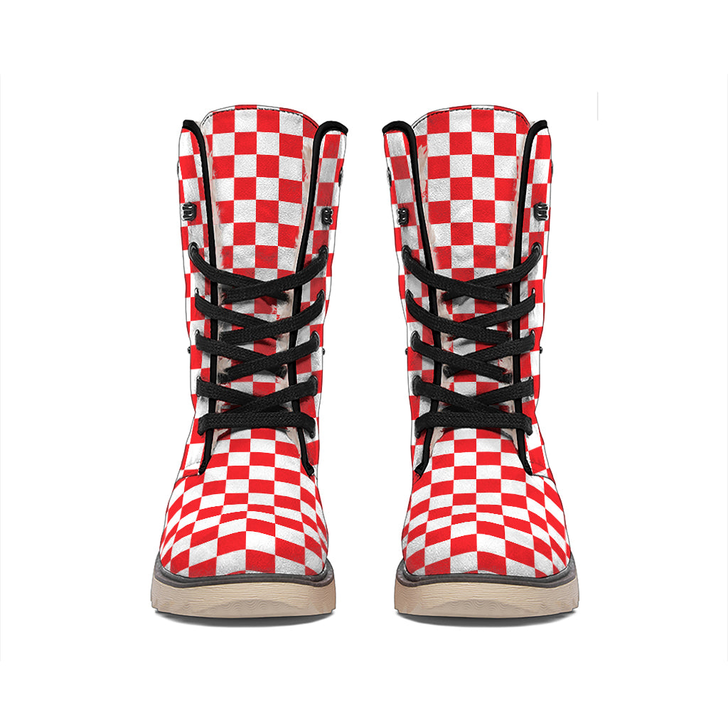 Red And White Checkered Pattern Print Winter Boots
