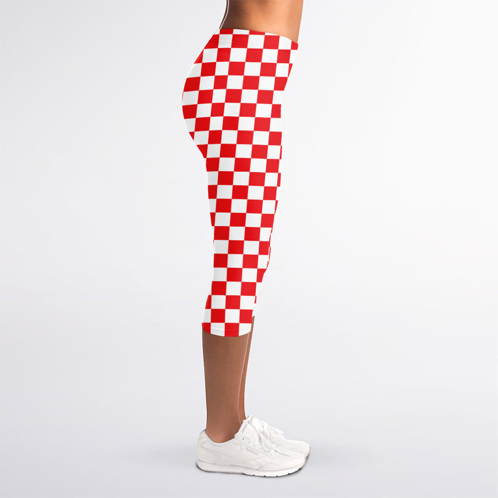 Red And White Checkered Pattern Print Women's Capri Leggings