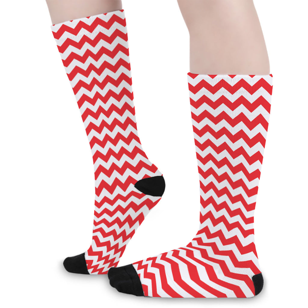 Red And White Chevron Pattern Print Long Socks