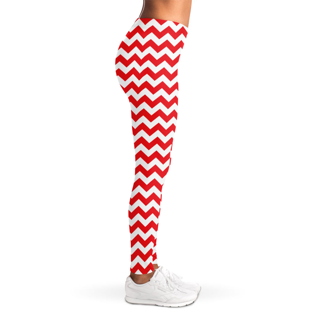 Red And White Chevron Pattern Print Women's Leggings
