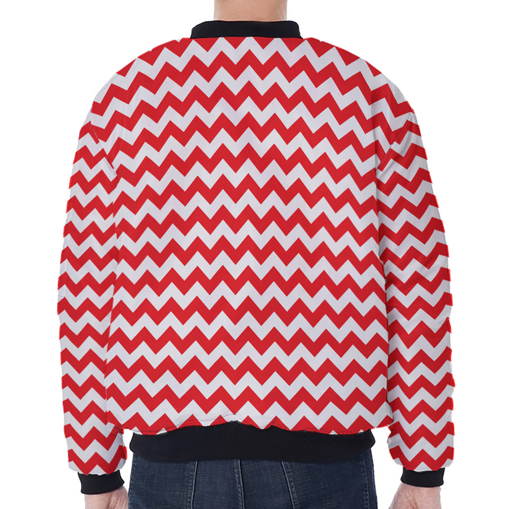 Red And White Chevron Pattern Print Zip Sleeve Bomber Jacket