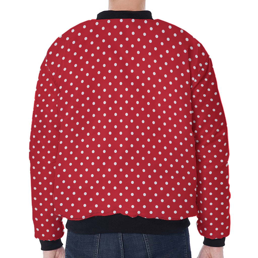 Red And White Christmas Dots Print Zip Sleeve Bomber Jacket