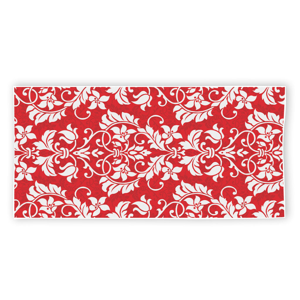 Red And White Damask Pattern Print Beach Towel