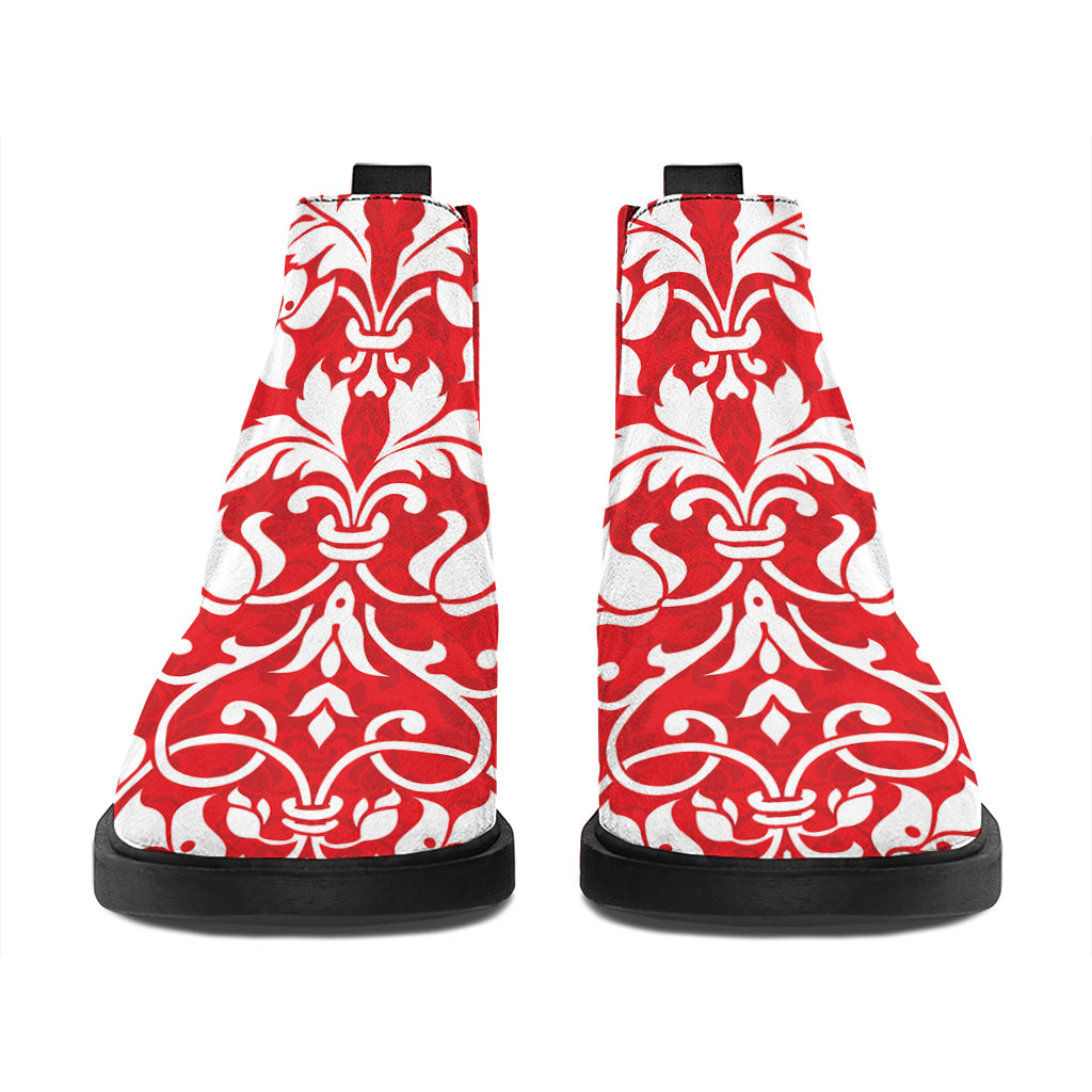 Red And White Damask Pattern Print Flat Ankle Boots