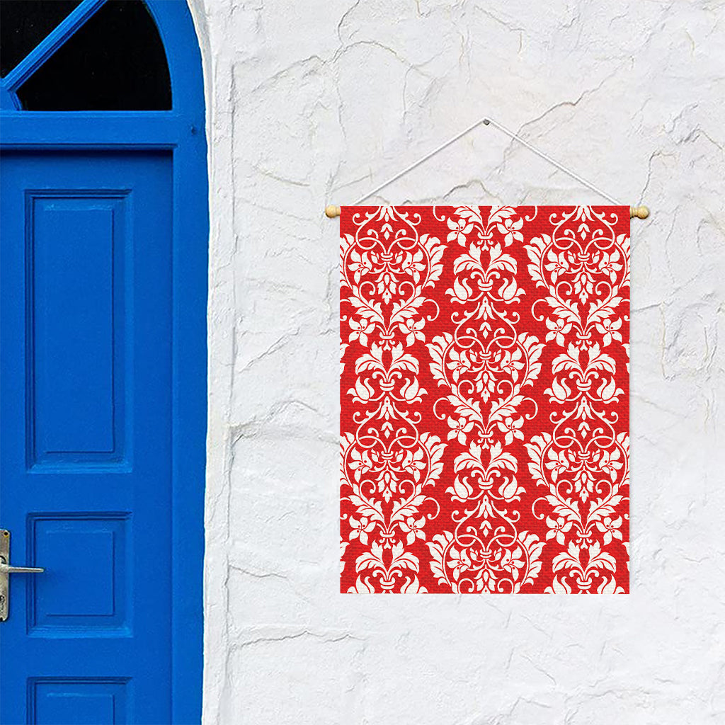 Red And White Damask Pattern Print Garden Flag
