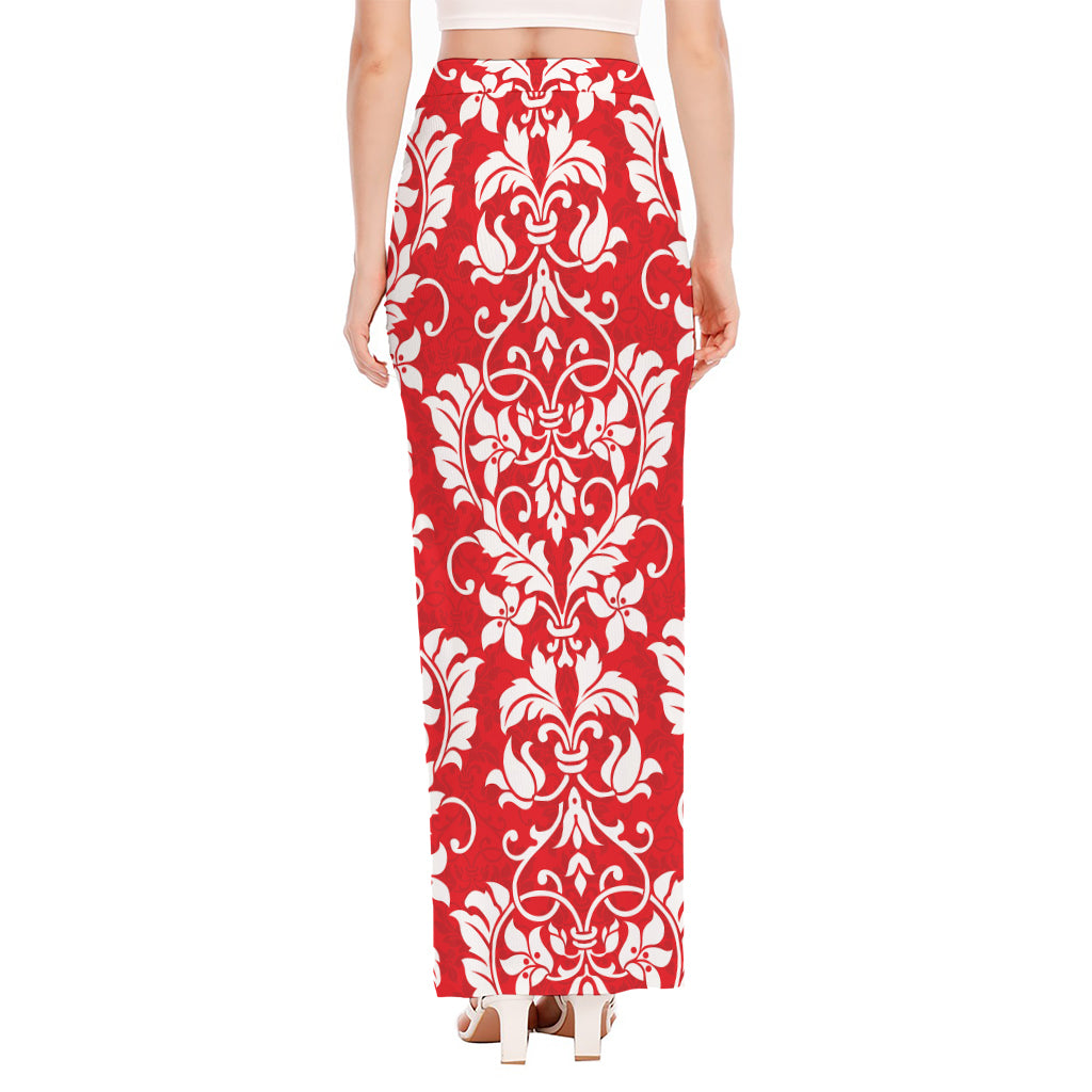 Red And White Damask Pattern Print High Slit Maxi Skirt