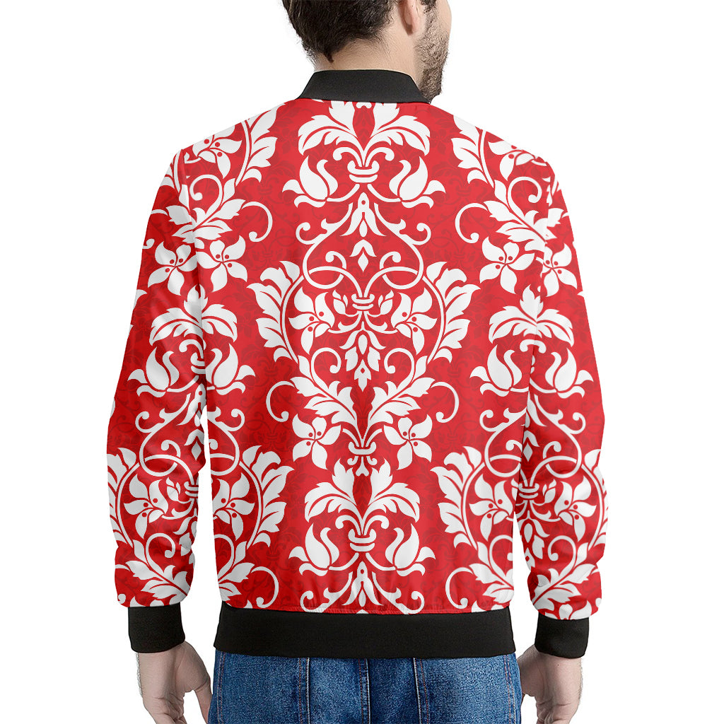 Red And White Damask Pattern Print Men's Bomber Jacket