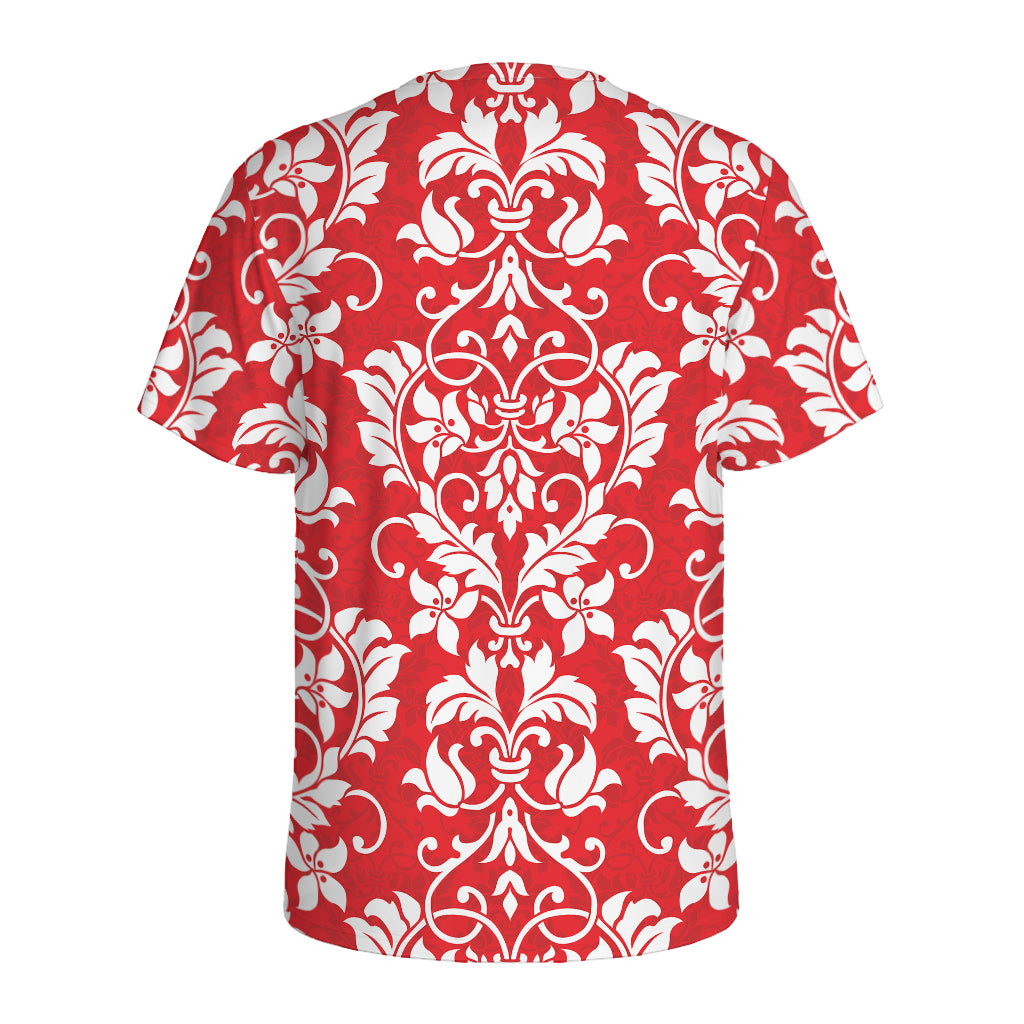 Red And White Damask Pattern Print Men's Sports T-Shirt