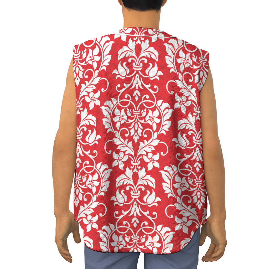 Red And White Damask Pattern Print Sleeveless Baseball Jersey