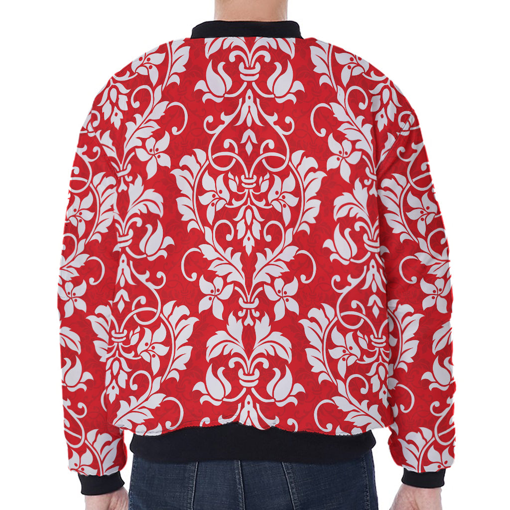 Red And White Damask Pattern Print Zip Sleeve Bomber Jacket