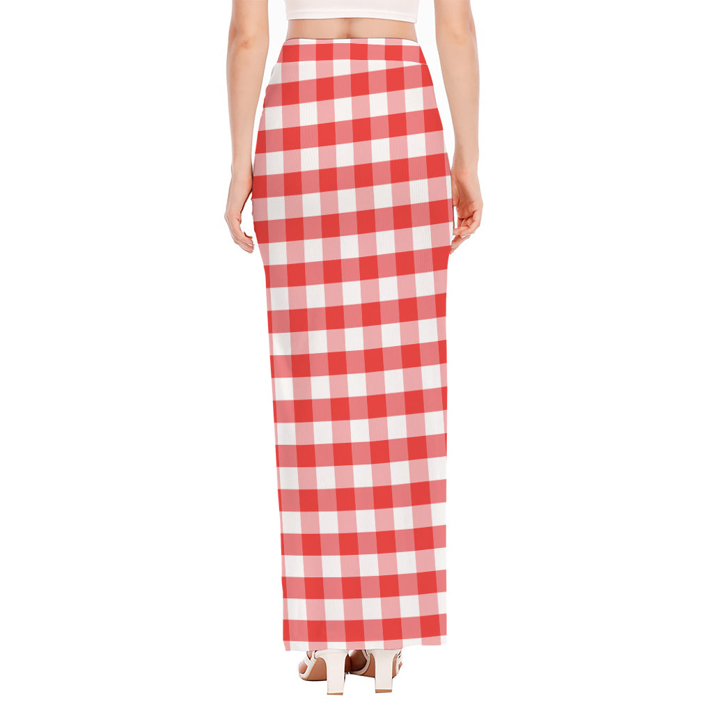 Red And White Gingham Pattern Print High Slit Maxi Skirt